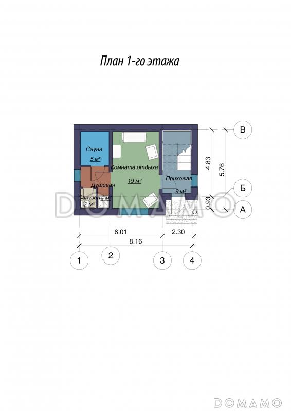 Проект двухэтажного дома с сауной / План 1 этажа