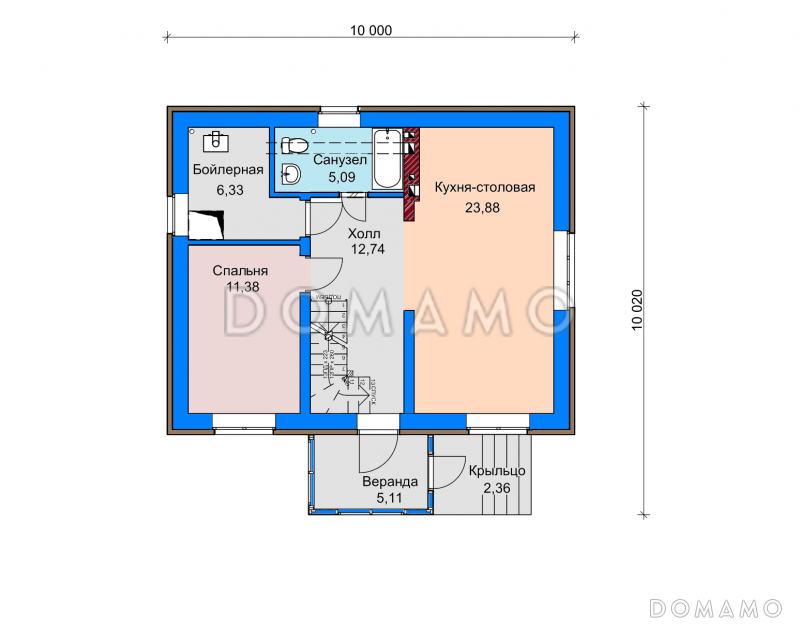 Проект загородного дома с небольшой верандой, спальней на первом этаже, совмещенной кухней-столовой / План 1 этажа