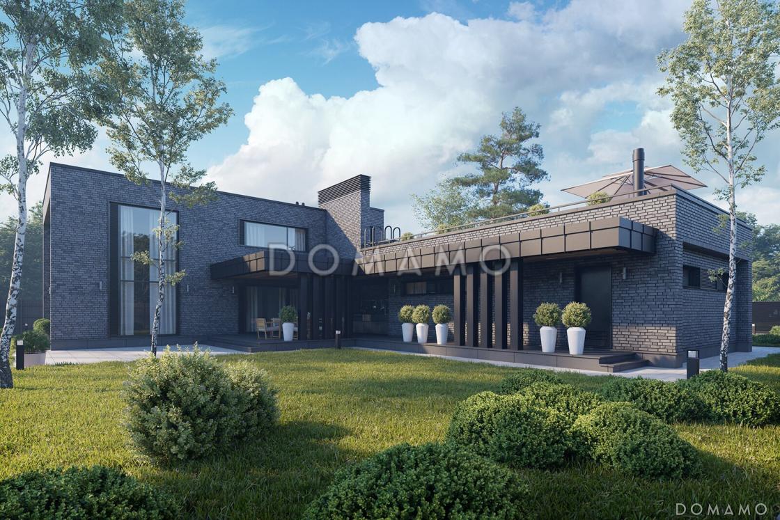 Проект кирпичного дома в стиле хай-тек с эксплуатируемой кровлей, вторым светом и просторной террасой / 1