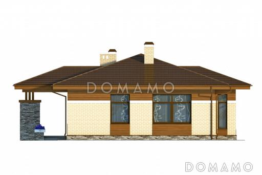 Проект одноэтажного дома с двуцветной облицовкой и большим эркером гостиной / Фасад 3