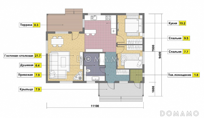 Проект одноэтажного каркасного дома с двумя спальнями и небольшой террасой / План 1 этажа Проект одноэтажного каркасного дома с двумя спальнями и небольшой террасой / План 1 этажа