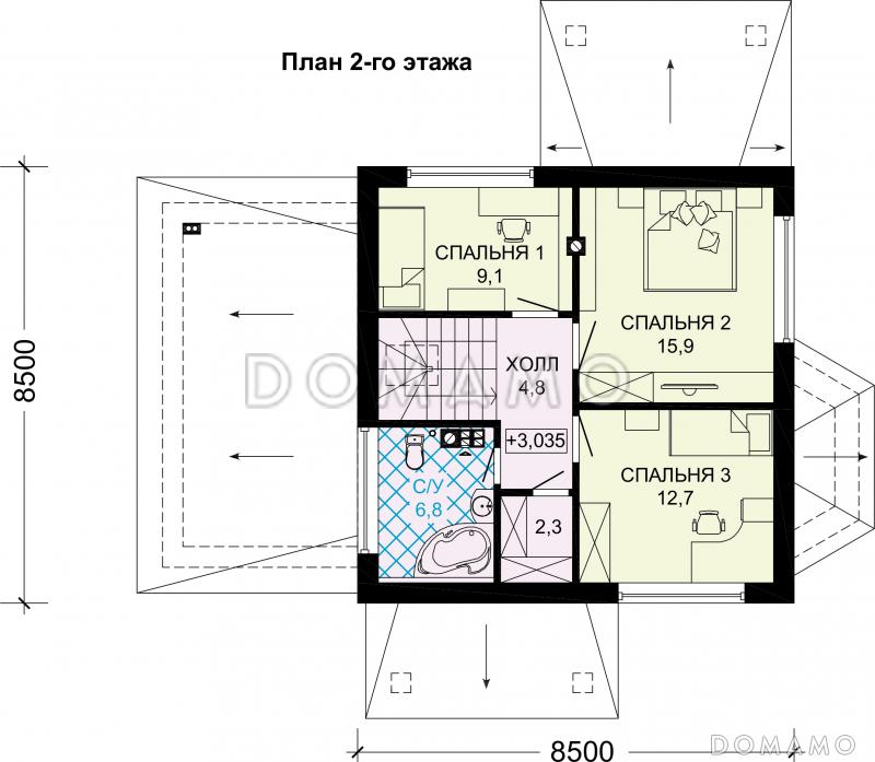 Проект одноэтажного дома из газобетона с мансардой, эркером, гаражом и шатровой ломанной крышей / План мансардного этажа