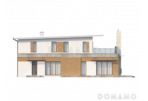 Проект современного двухэтажного дома из газобетона с плоской крышей,  с четырьмя спальнями, просторным кабинетом и гаражом  / Фасад 3