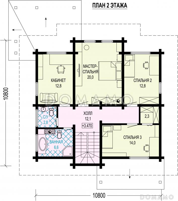 Проект двухэтажного дома из бруса с кабинетом, 4 спальнями и большой гардеробной у входа / План 2 этажа
