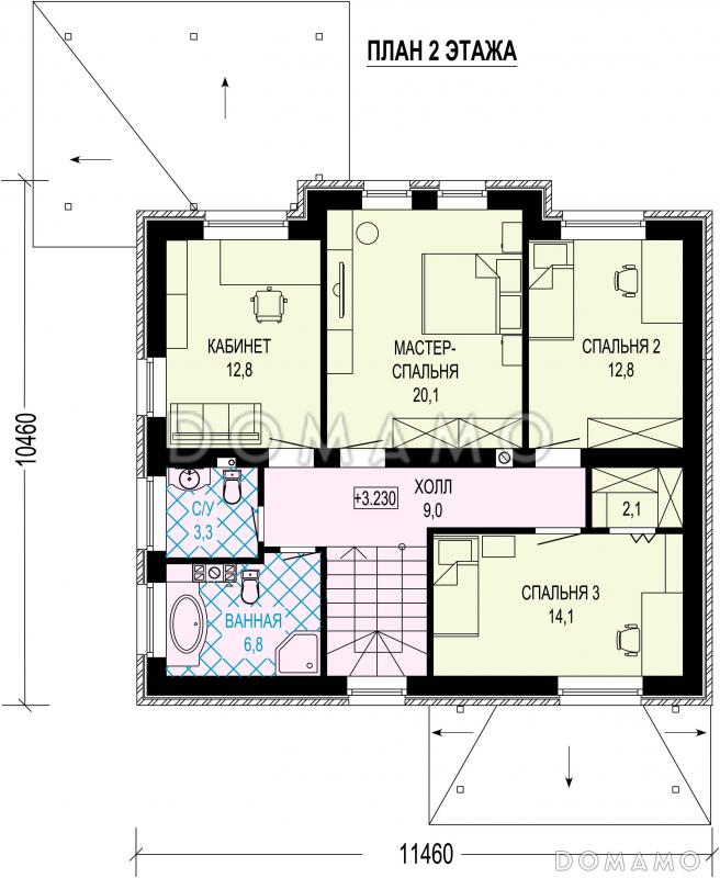 Проект кирпичного дома с кабинетом, 4 спальнями и крытой террасой / План 2 этажа