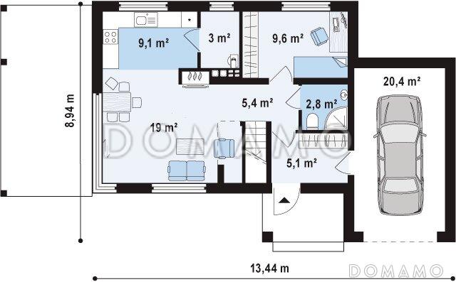 Проект современного двухэтажного дома из газобетона с плоской крышей с кабинетом, гаражом и крытыми террасами на обоих уровнях, адаптированный для сейсмозоны  / План 1 этажа