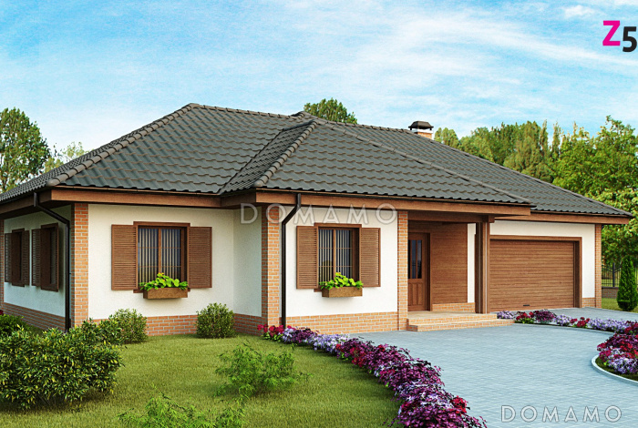 Проект просторного одноэтажного дома из кирпича с большой гостиной и  со встроенным гаражом на два автомобиля