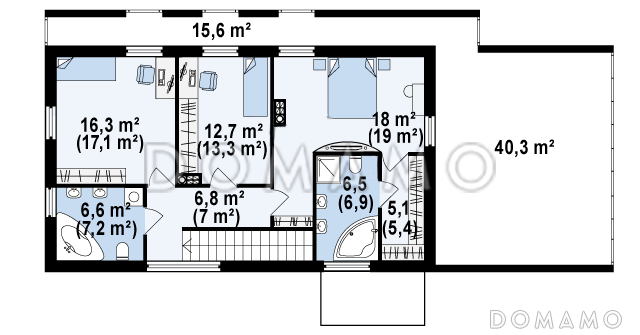 Проект двухэтажного дома из кирпича с двухскатной крышей с четырьмя комнатами, гаражом и открытой террасой над ним / План 2 этажа