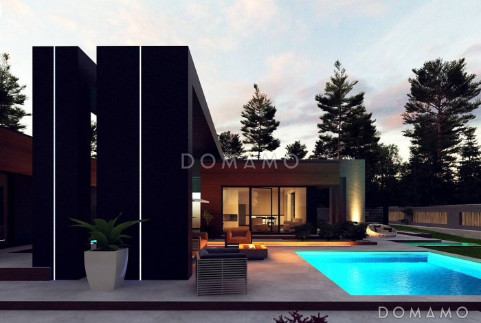 Проект современного одноэтажного дома из кирпича с плоской крышей, с четырьмя комнатами и двухместным гаражом Проект современного одноэтажного дома из кирпича с плоской крышей, с четырьмя комнатами и двухместным гаражом