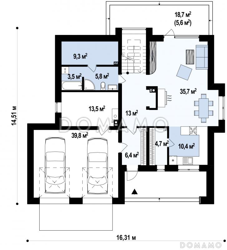 Проект современного двухэтажного дома из газобетона с четырьмя спальнями, сауной и большим гаражом / План 1 этажа