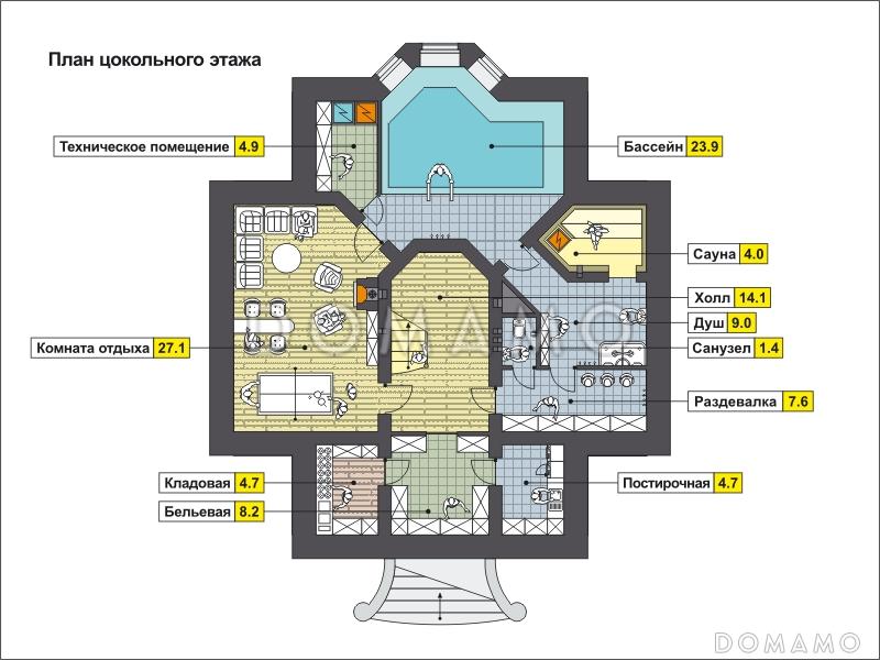 Проект дома с эркером, цокольным этажом с окнами, бассейном и сауной, вторым светом, спальней с балконом / План цокольного этажа
