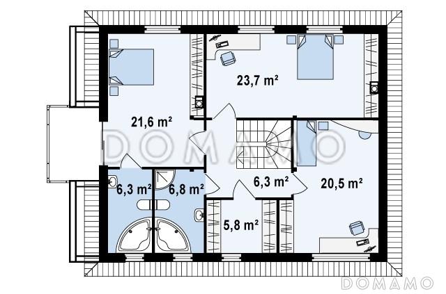 Проект современного двухэтажного дома из газобетона, адаптированного под сейсмику, с четырьмя спальнями, балконом и встроенным гаражом  / План 2 этажа