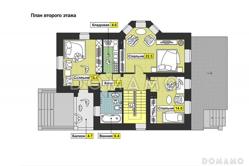 Частный дом с эркером, крытой террасой, балконом, большой кладовой на мансарде / План 2 этажа