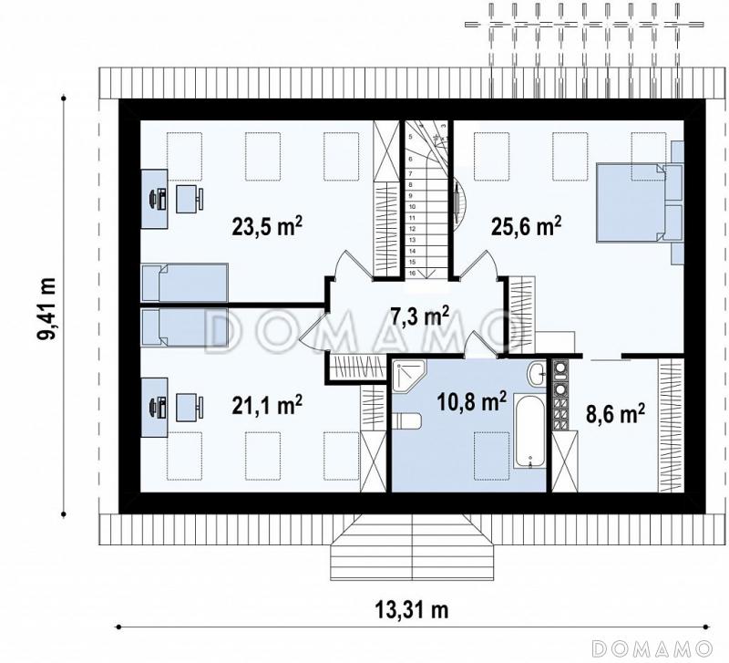 Проект простого одноэтажного мансардного дома из кирпича с шестью спальнями и просторной гостиной / План мансардного этажа