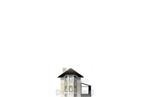 Проект небольшого дома из пеноблоков с эркером, просторной гостиной и большой крытой террасой / Фасад 3