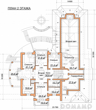 Проект роскошного особняка из кирпича с бассейном на первом этаже / План 2 этажа