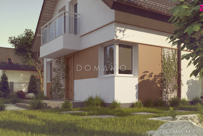 Проект классического одноэтажного мансардного дома из газобетона с эркером в столовой зоне, балконами и хозяйственным помещением Проект классического одноэтажного мансардного дома из газобетона с эркером в столовой зоне, балконами и хозяйственным помещением