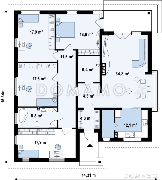 Проект одноэтажного дома из rкирпича со стеклянным эркером в просторной гостиной / План 1 этажа