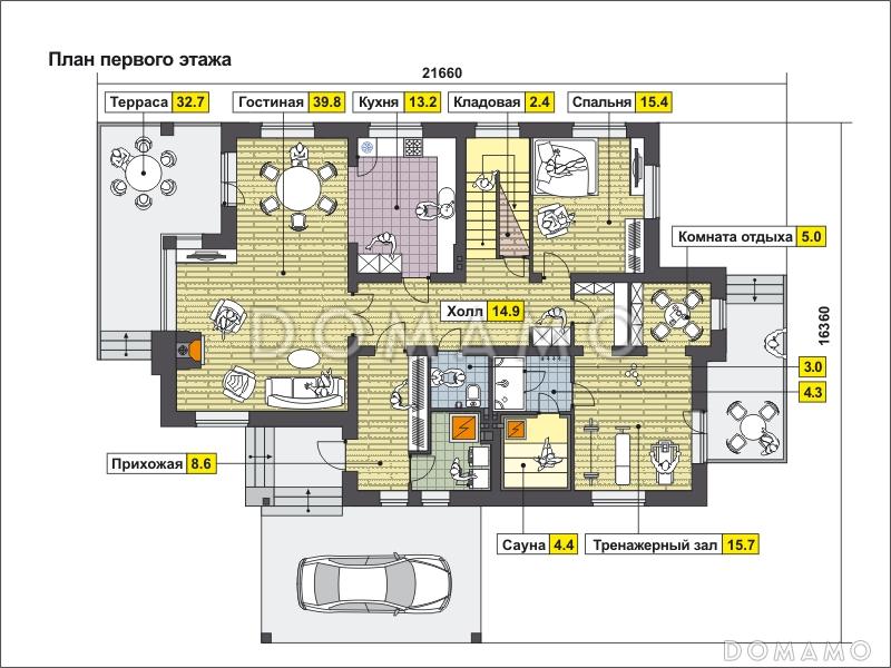 Проект загородного дома с террасой, навесом на одну машину, верандой с камином на втором этаже / План 1 этажа