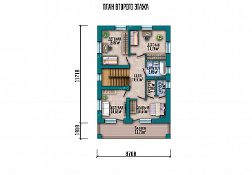 Проект двухэтажного дома с гаражом, 4 спальнями, широким балконом и большим крыльцом / План 2 этажа