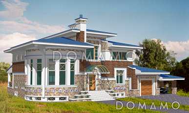 Проект коттеджа с круглой гостиной, гаражом и навесом