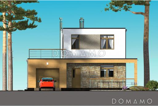Проект дома с просторной открытой террасой, гаражом, спальнями и большим балконом-террасой на втором этаже / Фасад 1