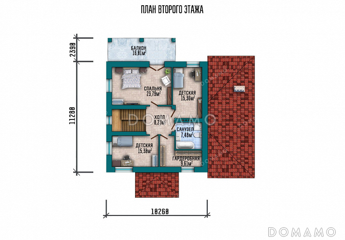 Проект двухэтажного дома с террасой и гаражом / План 2 этажа