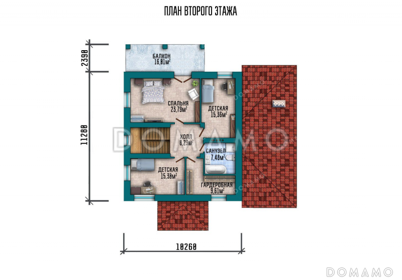 Проект двухэтажного дома с террасой и гаражом / План 2 этажа