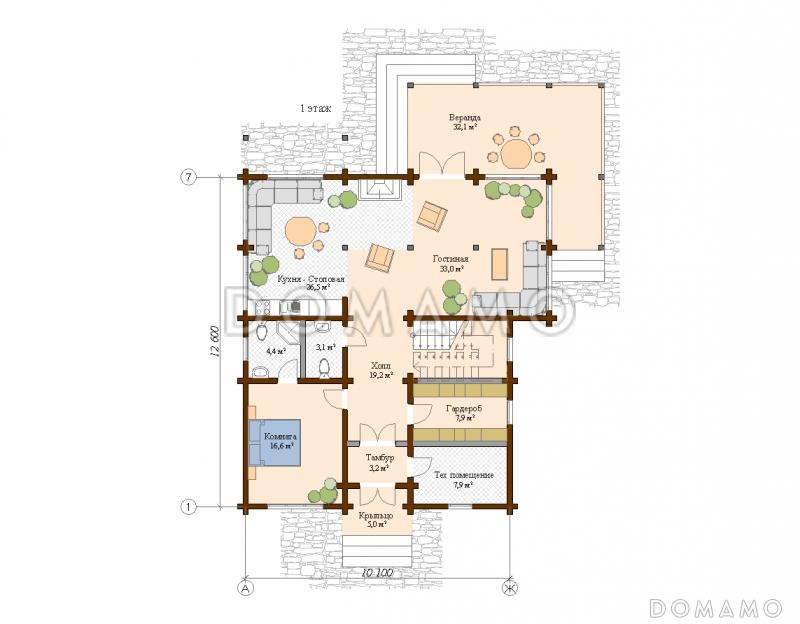 Проект деревянного дома с спальной комнатой на первом этаже / План 1 этажа