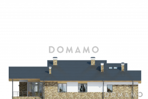 Проект дома с мансардными окнами, крытой террасой, просторной кухней-столовой с кладовой, сауной, вторым светом / Фасад 3