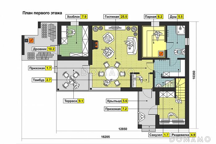Проект дома с  крытой террасой, дровником, гостиной с камином, парной, двумя спальнями на мансардном этаже / План 1 этажа Проект дома с  крытой террасой, дровником, гостиной с камином, парной, двумя спальнями на мансардном этаже / План 1 этажа