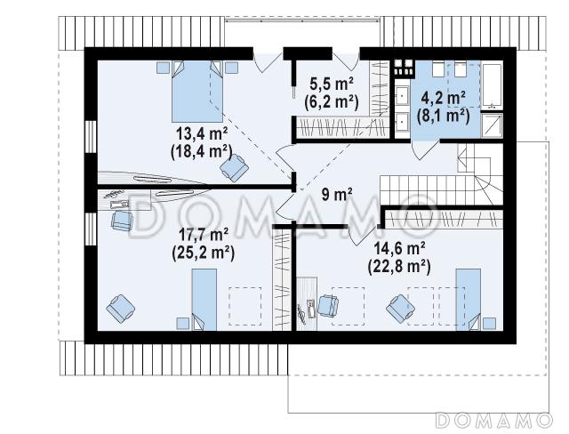 Проект одноэтажного мансардного дома из газобетона с угловой террасой / План мансардного этажа
