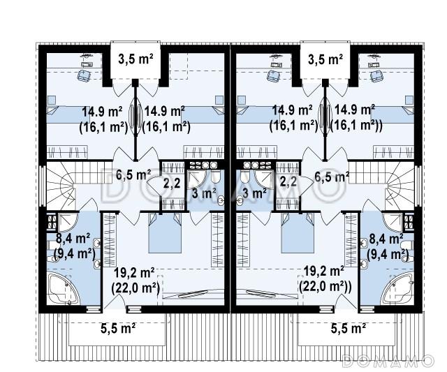 Проект мансардных домов-близнецов из газобетона с гаражом, тремя спальнями и красивым слуховым окном и балконом / План мансардного этажа