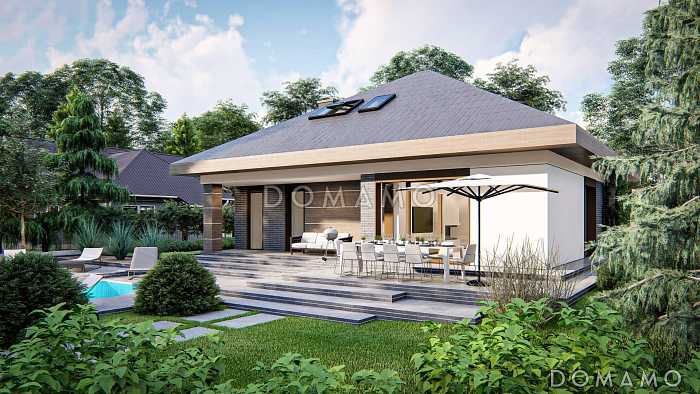 Проект загородного дома с мансардой, гаражом на одну машину, кладовой под лестницей