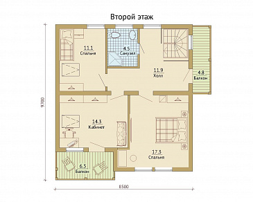 Проект каркасного дома с двумя балконами на мансардном этаже / План мансардного этажа Проект каркасного дома с двумя балконами на мансардном этаже / План мансардного этажа
