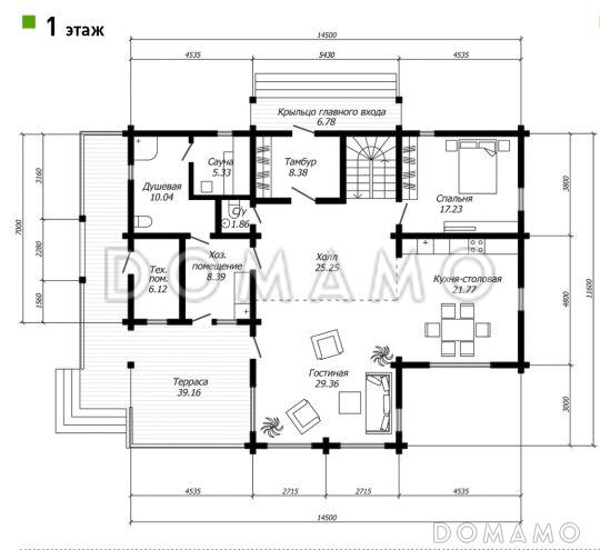 Проект дома из бруса с просторной гостиной со вторым светом / План 1 этажа