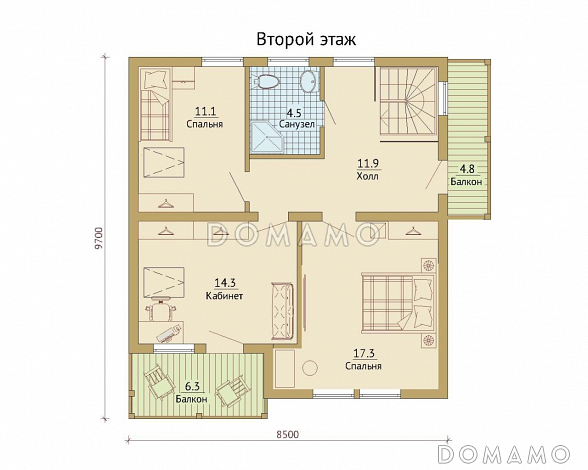 Проект каркасного дома с двумя балконами на мансардном этаже / План мансардного этажа Проект каркасного дома с двумя балконами на мансардном этаже / План мансардного этажа