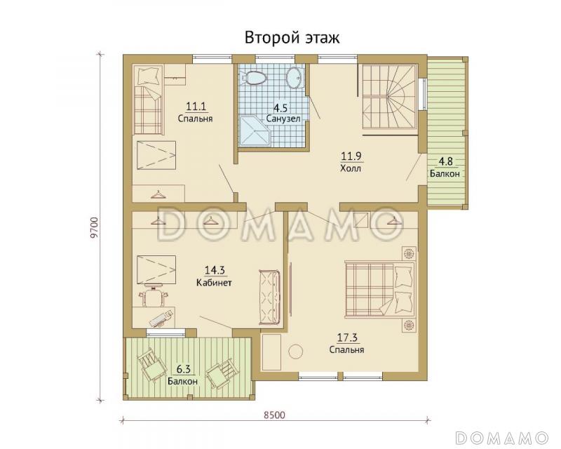 Проект каркасного дома с двумя балконами на мансардном этаже / План мансардного этажа