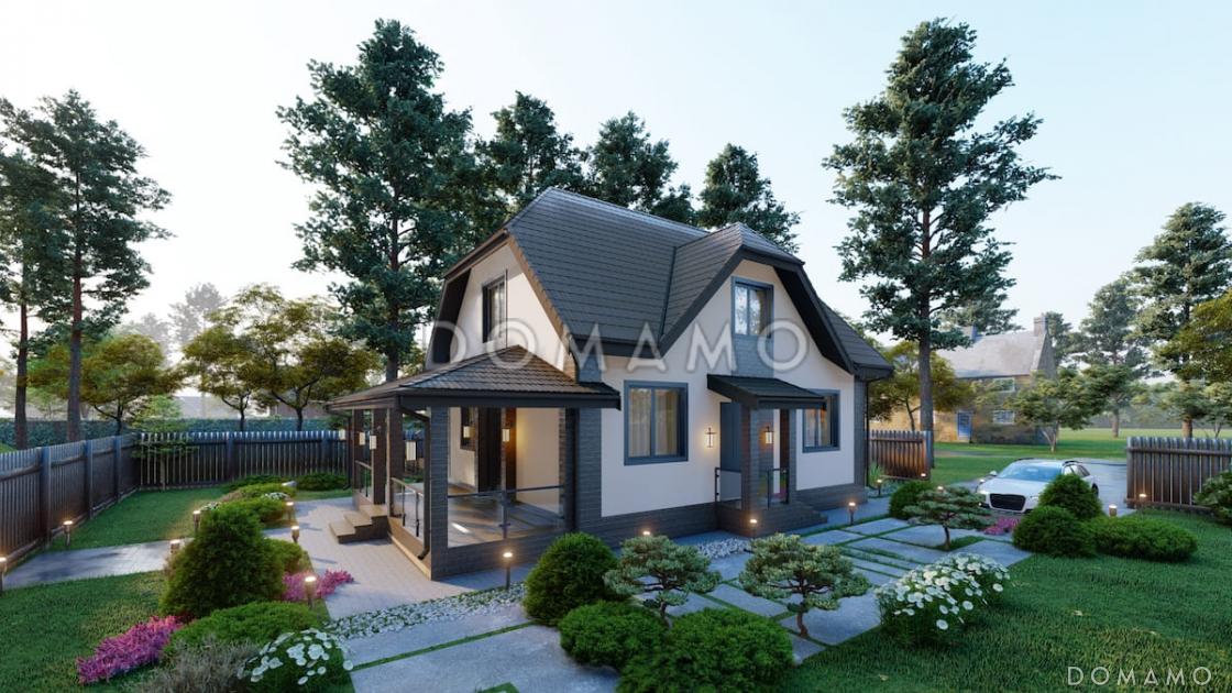 Проект мансардного дома с встроенной сауной, крытой террасой и кабинетом / 1