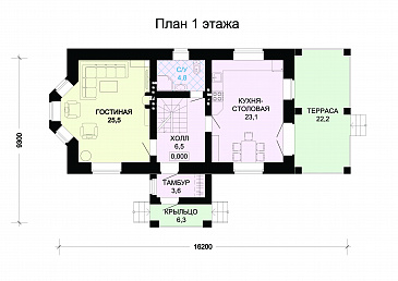 Проект гармоничного, кирпичного дома с эркером, сауной и коричневой крышей / План 1 этажа Проект гармоничного, кирпичного дома с эркером, сауной и коричневой крышей / План 1 этажа