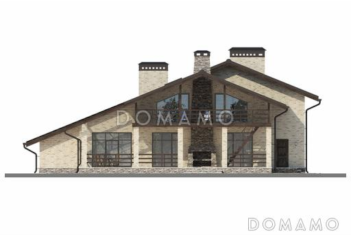 Проект дома с двускатной крышей, бассейном, зимним садом и небольшим подвалом / Фасад 3