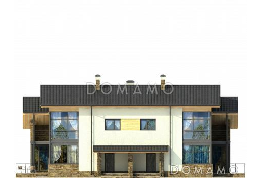 Проект дома на две семьи с большой кухней-столовой, гостиной с камином, террасой, длинным балконом / Фасад 1