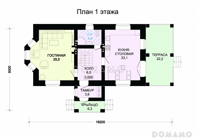 Проект гармоничного, кирпичного дома с эркером, сауной и коричневой крышей / План 1 этажа Проект гармоничного, кирпичного дома с эркером, сауной и коричневой крышей / План 1 этажа