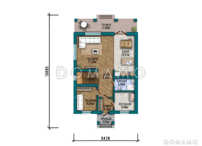 Проект двухэтажного дома простой формы с вальмовой кровлей, удобной планировкой и большими окнами / План 1 этажа