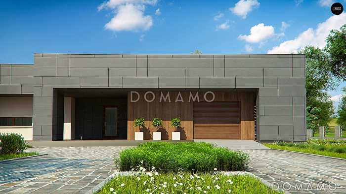 Проект современного одноэтажного дома из газобетона с тремя спальнями, гаражом и внутренним двориком Проект современного одноэтажного дома из газобетона с тремя спальнями, гаражом и внутренним двориком