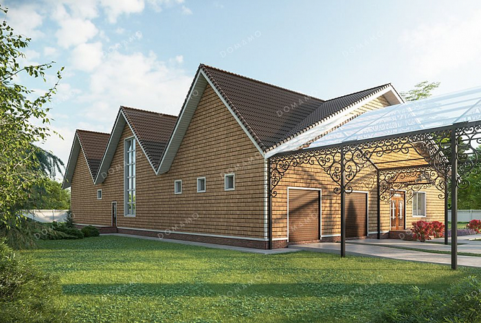 Проект большого одноэтажного дома с мансардой и гаражом на два автомобиля