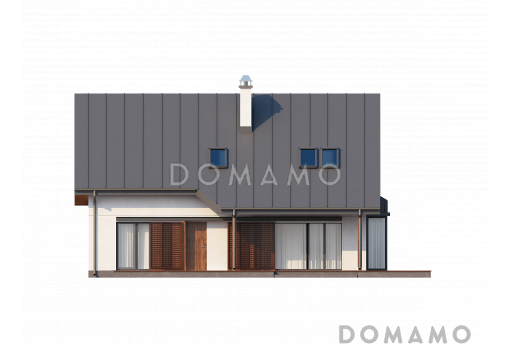 Проект одноэтажного мансардного дома из кирпича со стеклянным прямоугольным эркером и гаражом / Фасад 2