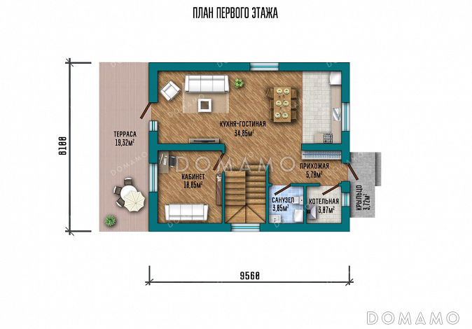 Проект одноэтажного дома с мансардой и террасой / План 1 этажа Проект одноэтажного дома с мансардой и террасой / План 1 этажа