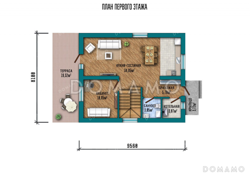 Проект одноэтажного дома с мансардой и террасой / План 1 этажа