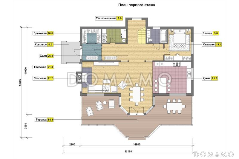 Проект коттеджа из газобетона с мансардой, эркером, светлой гостиной и открытой террасой / План 1 этажа